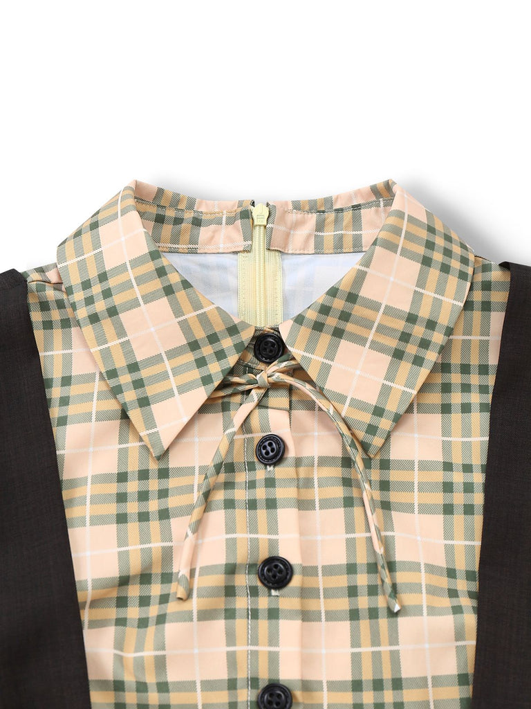 [Pre-Sale] Yellow 1940s Plaid Bow Faux Two-Piece Suspender Jumpsuit