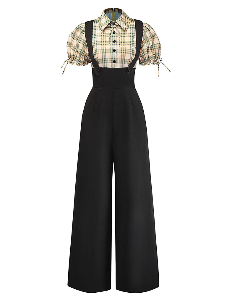 [Pre-Sale] Yellow 1940s Plaid Bow Faux Two-Piece Suspender Jumpsuit