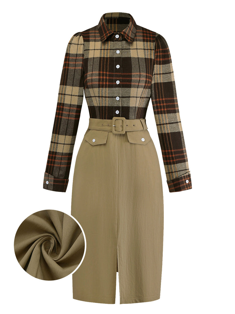 [Pre-Sale] Khaki 1940s Shirt Collar Plaid Belted Dress