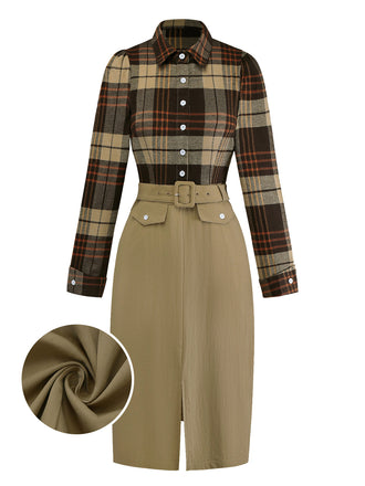[Pre-Sale] Khaki 1940s Shirt Collar Plaid Belted Dress