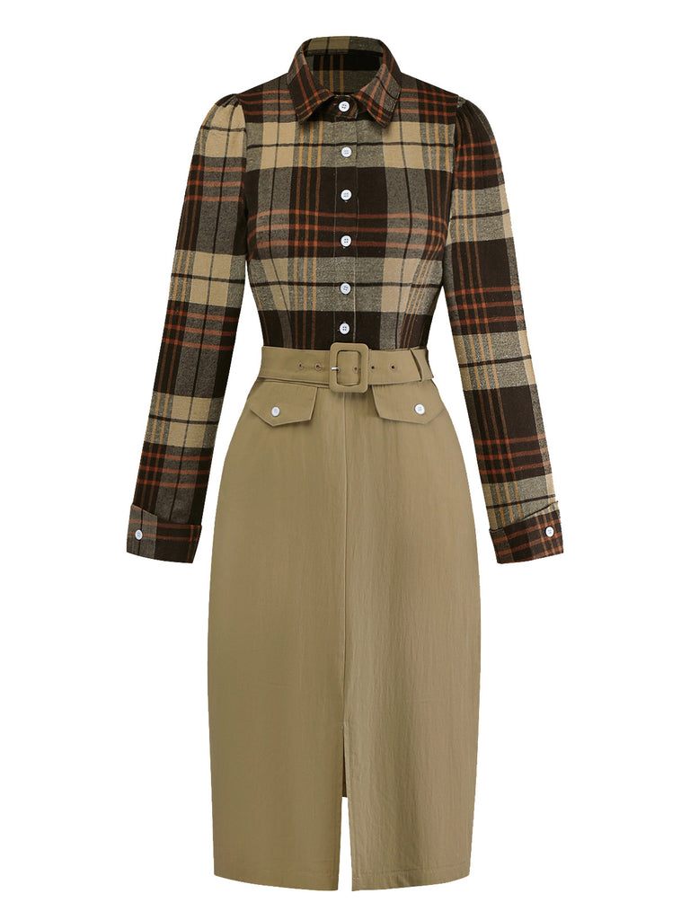 [Pre-Sale] Khaki 1940s Shirt Collar Plaid Belted Dress