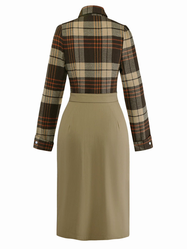 [Pre-Sale] Khaki 1940s Shirt Collar Plaid Belted Dress
