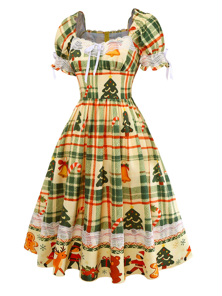 [Pre-Sale] Multicolor 1950s Christmas Tartan Sweetheart Lace Patchwork Dress