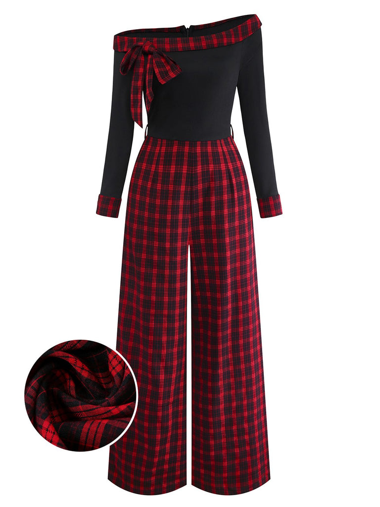 [Pre-Sale] Red 1940s Off-Shoulder Bow Plaid Patchwork Jumpsuit