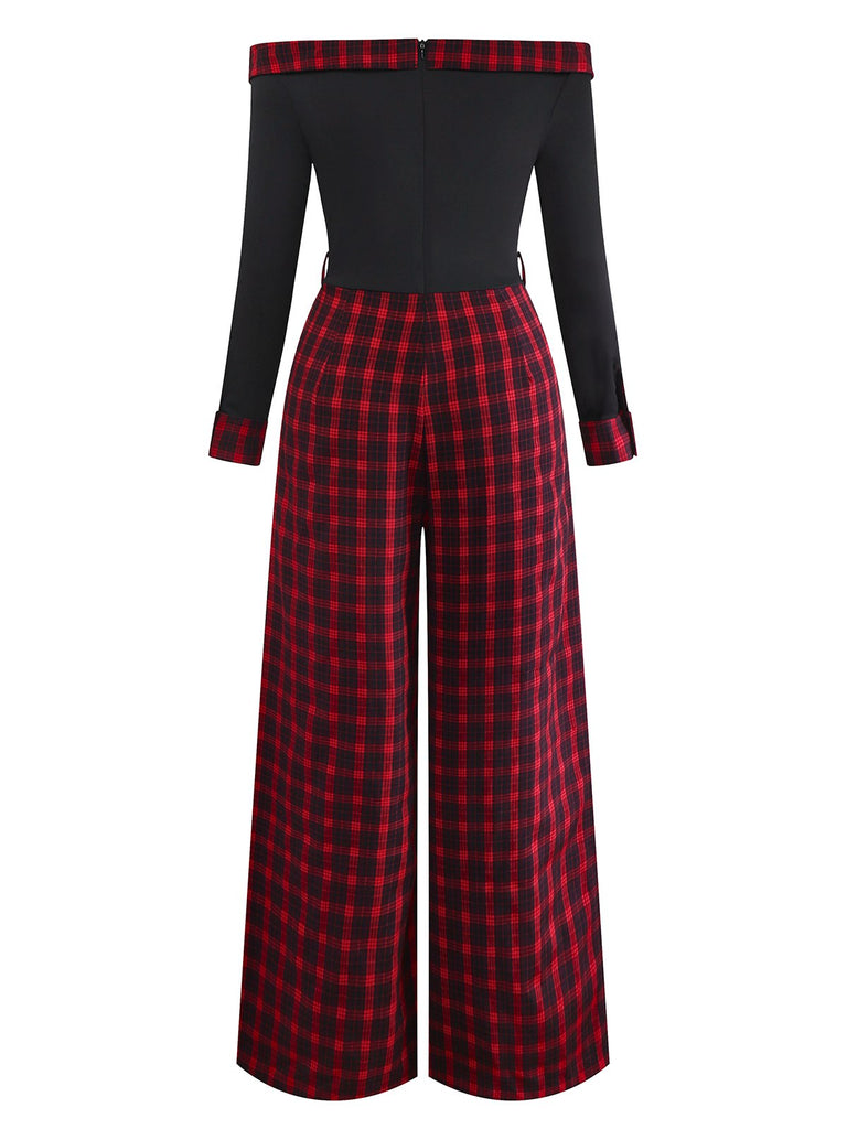 [Pre-Sale] Red 1940s Off-Shoulder Bow Plaid Patchwork Jumpsuit