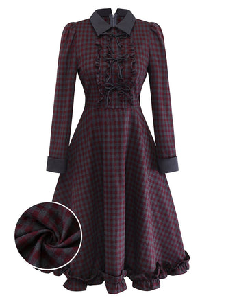 [Pre-Sale] Gray 1940s Cotton Plaid Bow Ruffled Lapel Dress