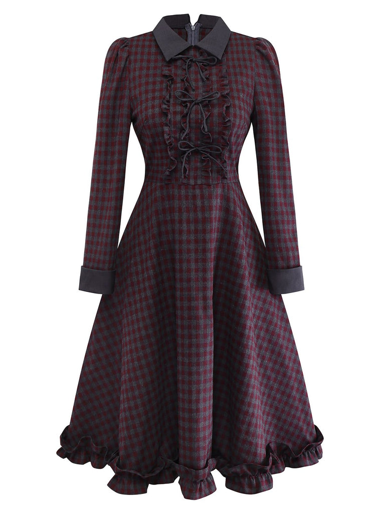 [Pre-Sale] Gray 1940s Cotton Plaid Bow Ruffled Lapel Dress