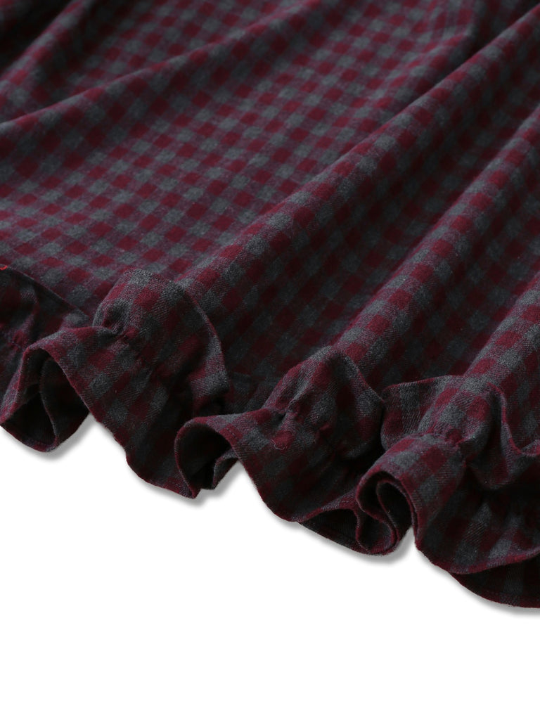 [Pre-Sale] Gray 1940s Cotton Plaid Bow Ruffled Lapel Dress