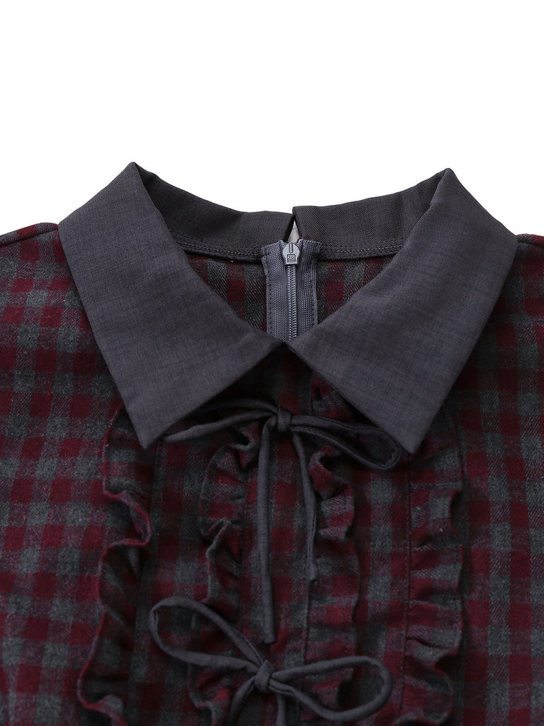[Pre-Sale] Gray 1940s Cotton Plaid Bow Ruffled Lapel Dress