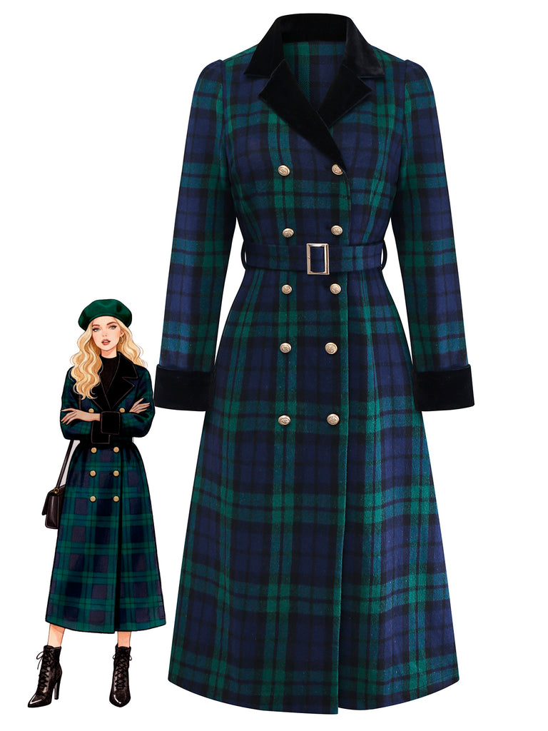 Blue & Green 1940s Plaid Notched Collar Coat