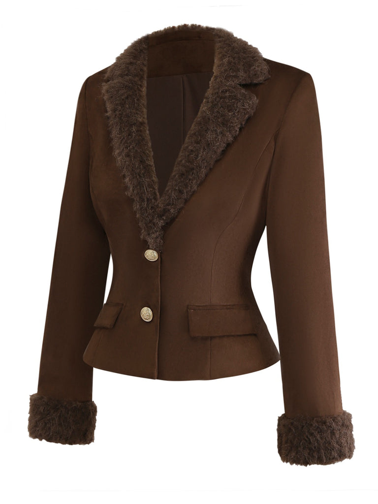 [Pre-Sale] 2PCS Dark Brown 1960s Faux Suede Fur Jacket & Skirt