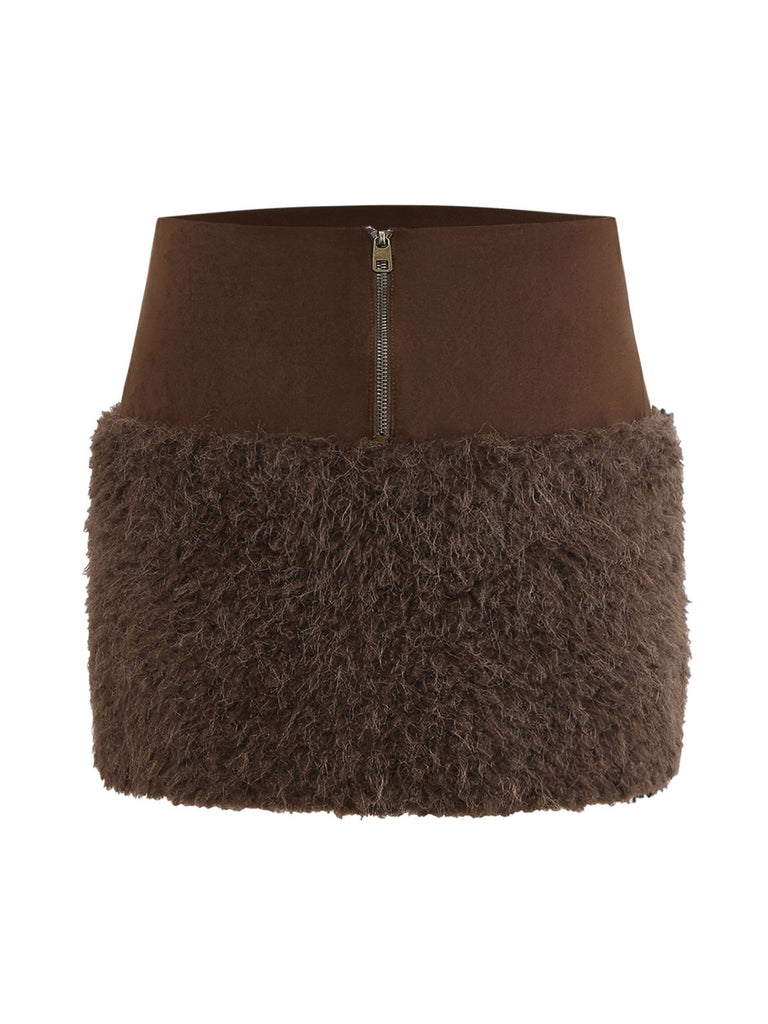 [Pre-Sale] Dark Brown 1960s Faux Suede Fur Patchwork Skirt