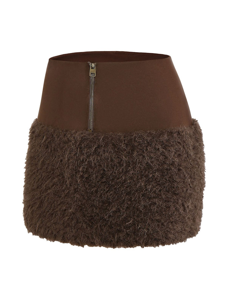[Pre-Sale] Dark Brown 1960s Faux Suede Fur Patchwork Skirt