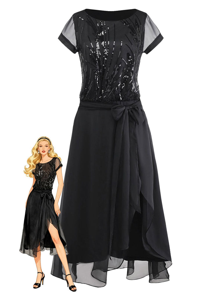 [Pre-Sale] Black 1920s Beaded Sequin Irregular Hem Dress
