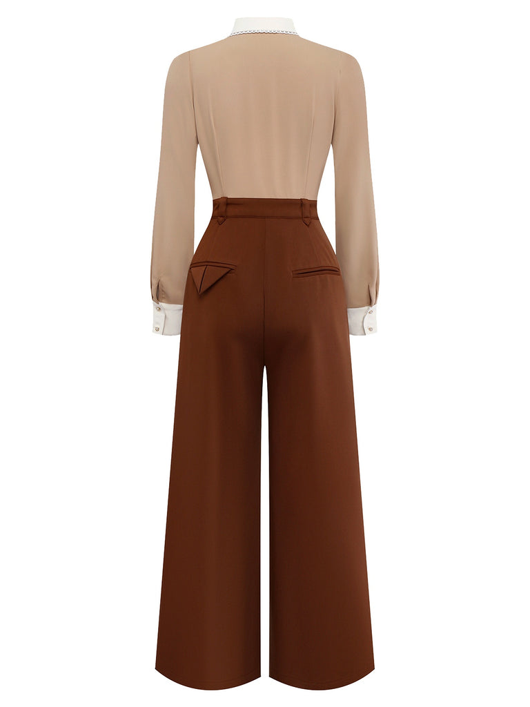 [Pre-Sale] Khaki 1940s Colorblock Ruffled Lapel Jumpsuit