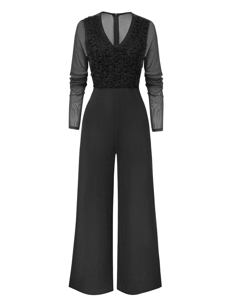 1950s Solid Deep V-Neck Ruffled Sheer Sleeve Jumpsuit