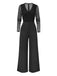 1950s Solid Deep V-Neck Ruffled Sheer Sleeve Jumpsuit