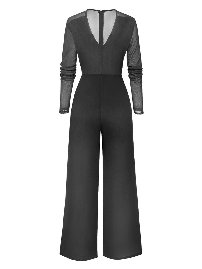 1950s Solid Deep V-Neck Ruffled Sheer Sleeve Jumpsuit