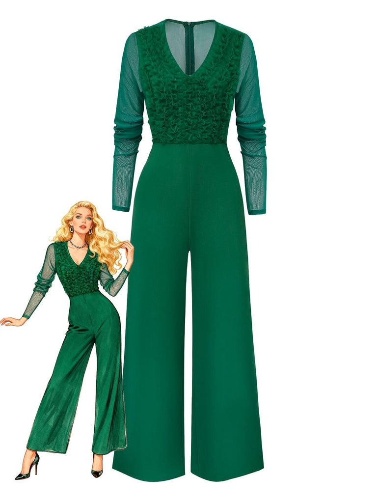 1950s Solid Deep V-Neck Ruffled Sheer Sleeve Jumpsuit
