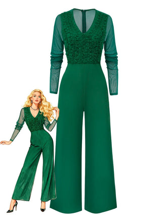 1950s Solid Deep V-Neck Ruffled Sheer Sleeve Jumpsuit