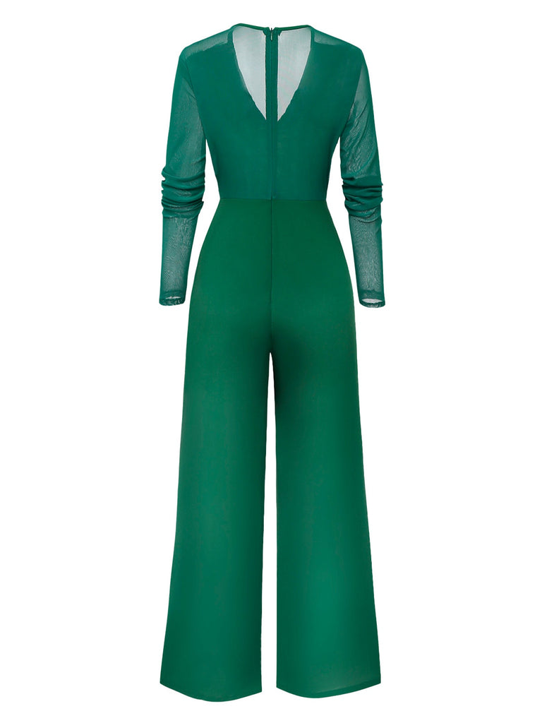 1950s Solid Deep V-Neck Ruffled Sheer Sleeve Jumpsuit