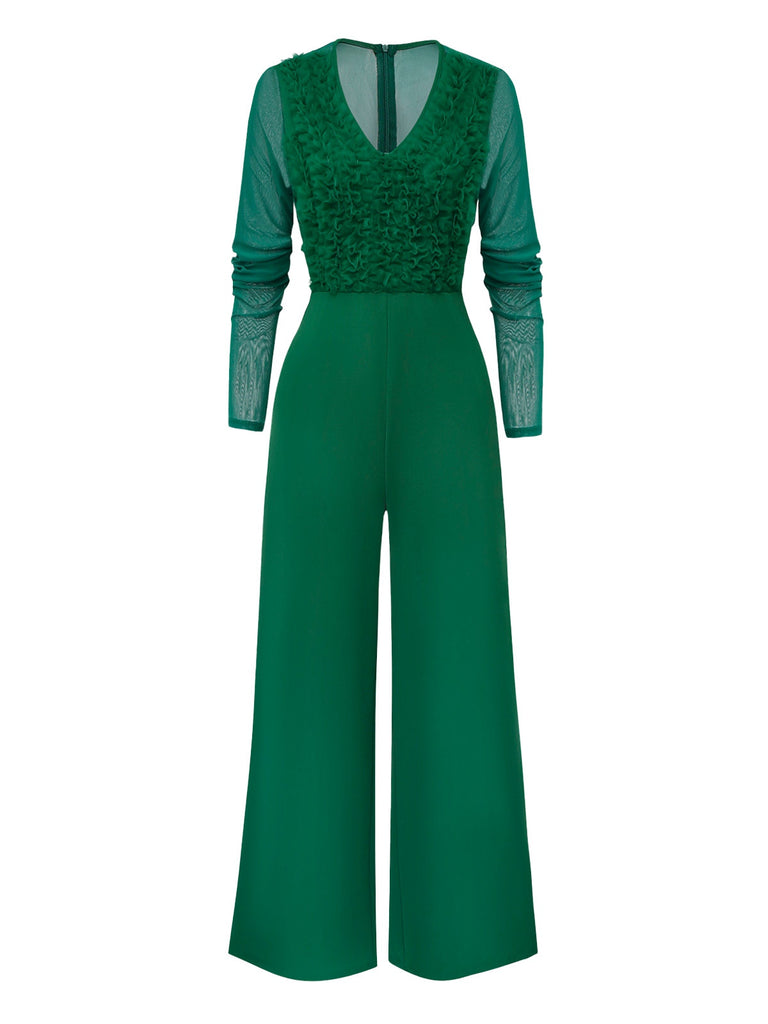 1950s Solid Deep V-Neck Ruffled Sheer Sleeve Jumpsuit