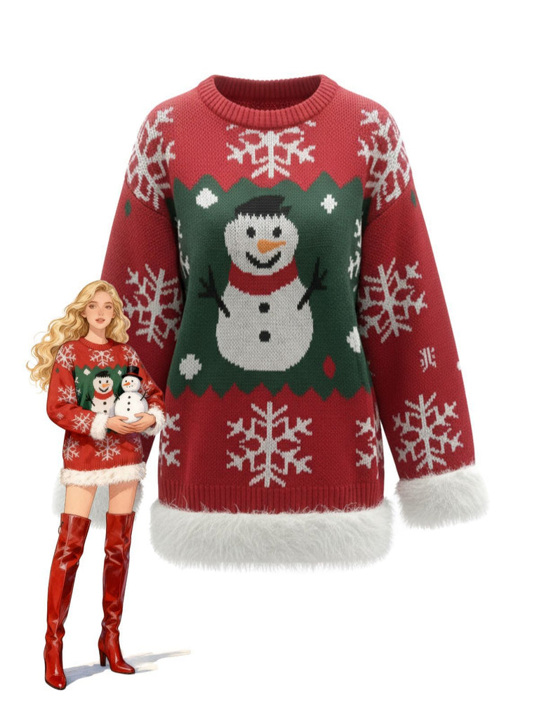 1950s Christmas Snowman Raw Hem Pullover Sweater
