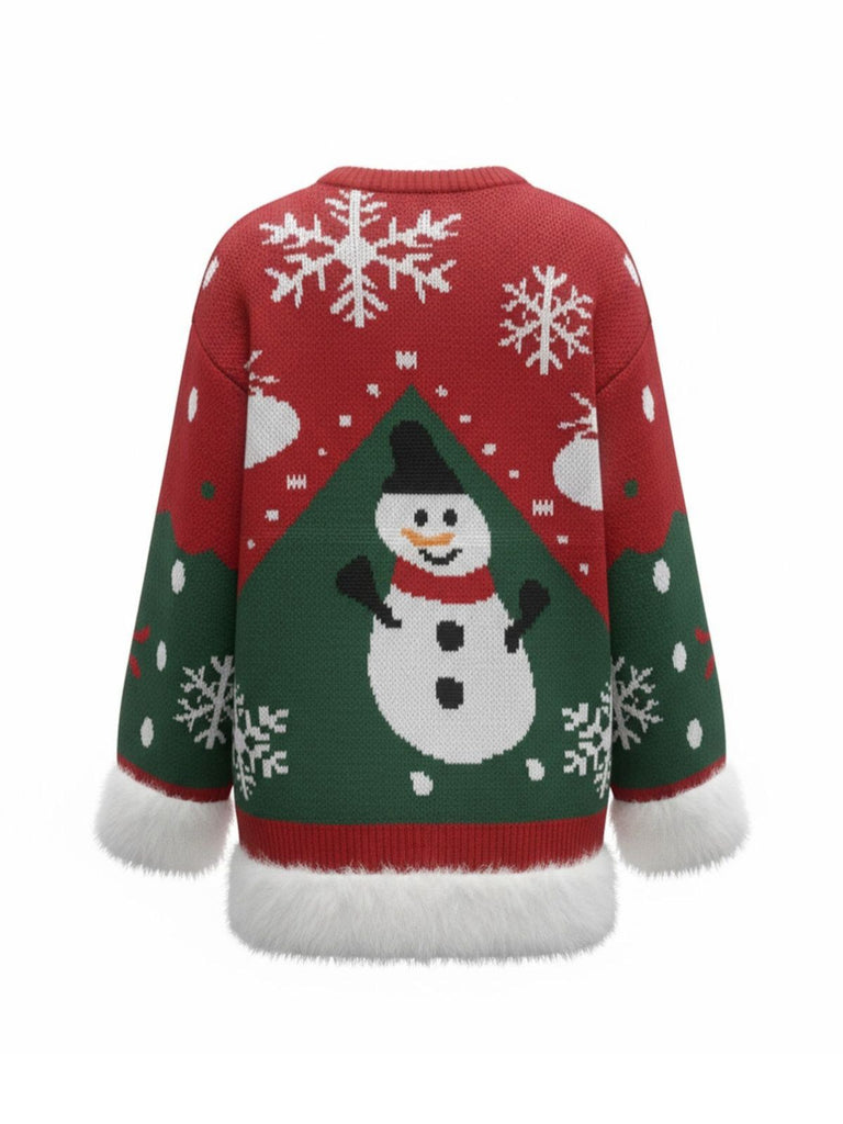 1950s Christmas Snowman Raw Hem Pullover Sweater
