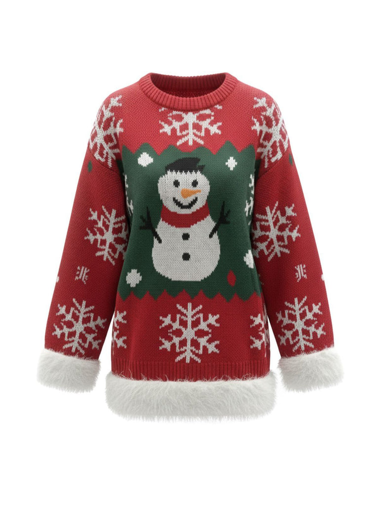 1950s Christmas Snowman Raw Hem Pullover Sweater
