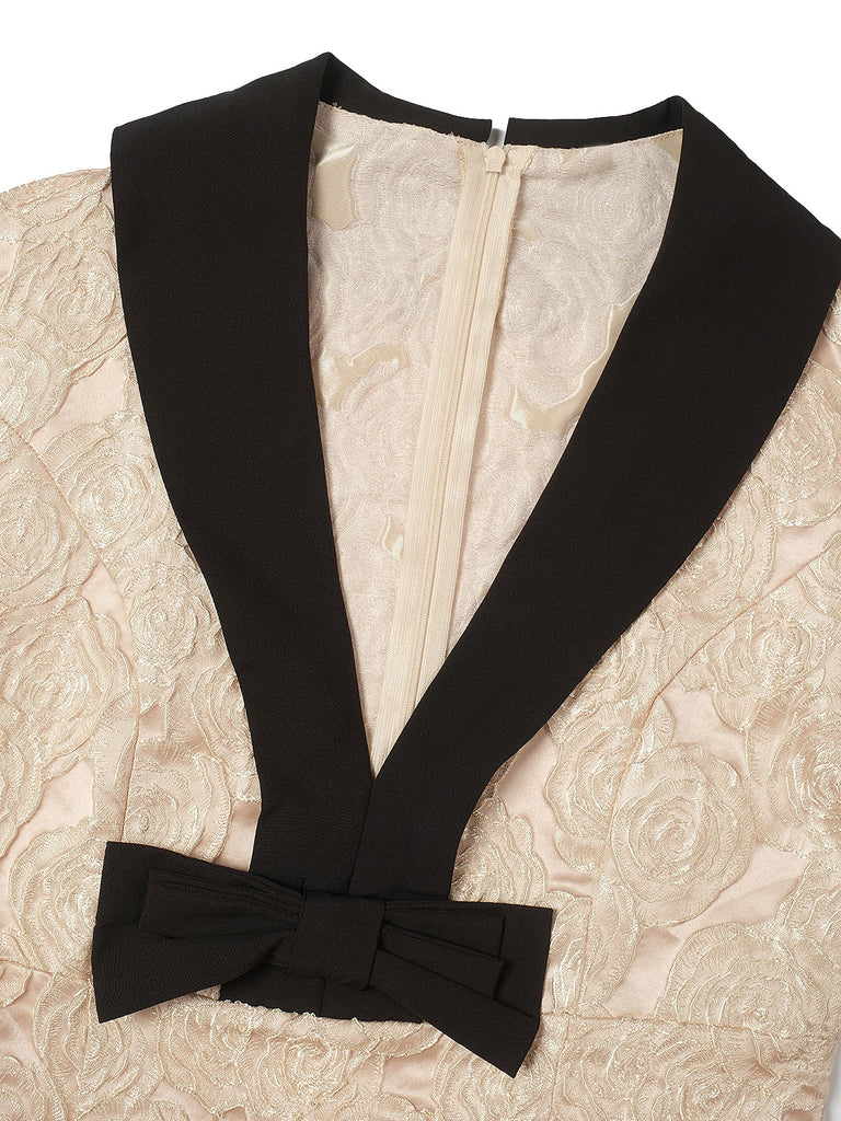 Champagne 1930s Rose Jacquard V-Neck Bow Dress