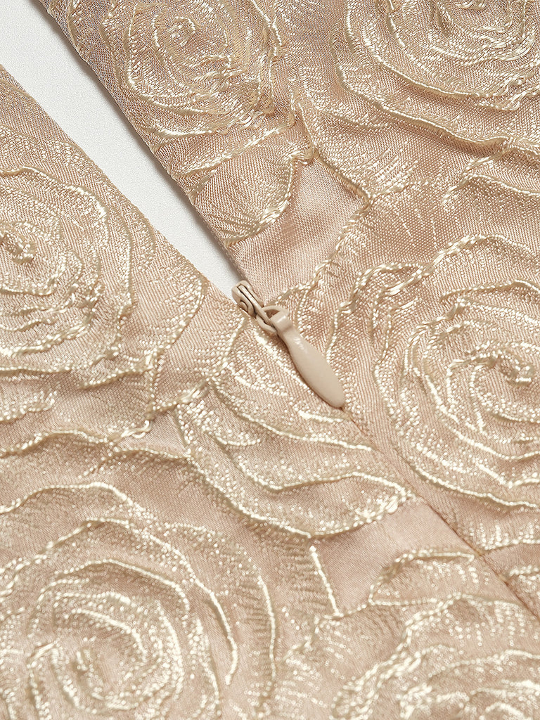 Champagne 1930s Rose Jacquard V-Neck Bow Dress