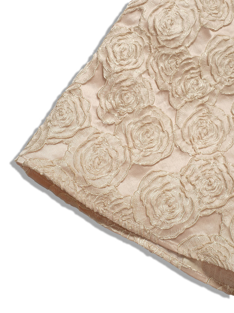 Champagne 1930s Rose Jacquard V-Neck Bow Dress