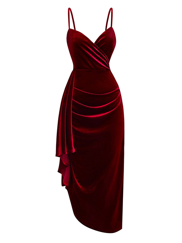 Wine Red 1930s Velvet Ruffled Hem Dress