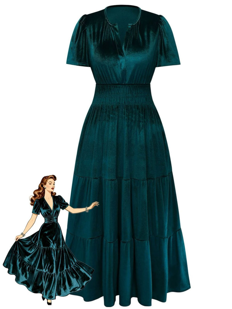 1930s Velvet Solid Short Sleeve Maxi Dress