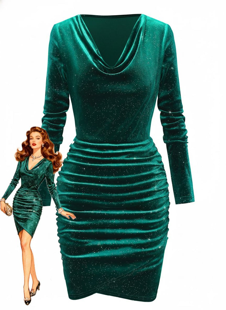 1960s Solid Velvet Long Sleeve Cowl Neck Dress