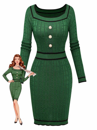 1960s Square Neck Pearl Button Knitted Dress