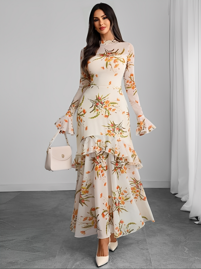 Black 1930s Floral Mesh Ruffle Maxi Dress