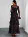 Black 1930s Floral Mesh Ruffle Maxi Dress