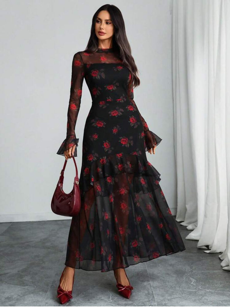 Black 1930s Floral Mesh Ruffle Maxi Dress