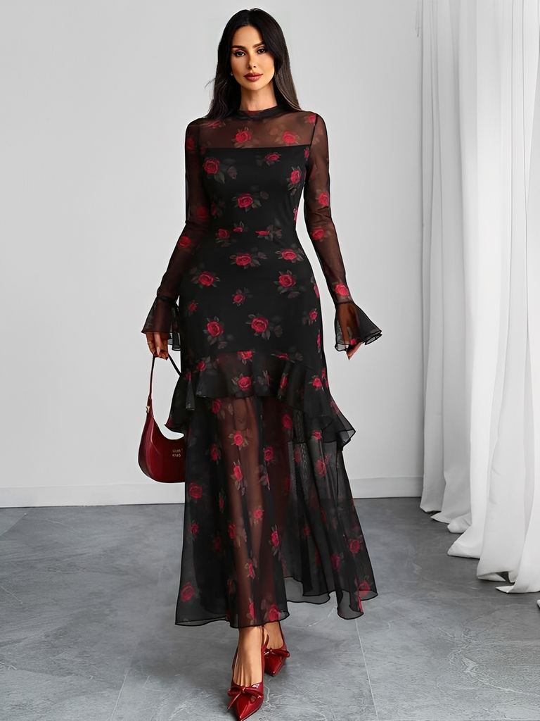 Black 1930s Floral Mesh Ruffle Maxi Dress