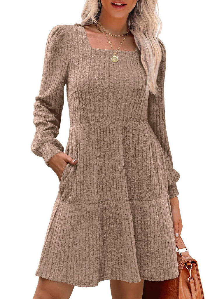 1950s Solid Ribbed Square Neck Long-Sleeve Dress