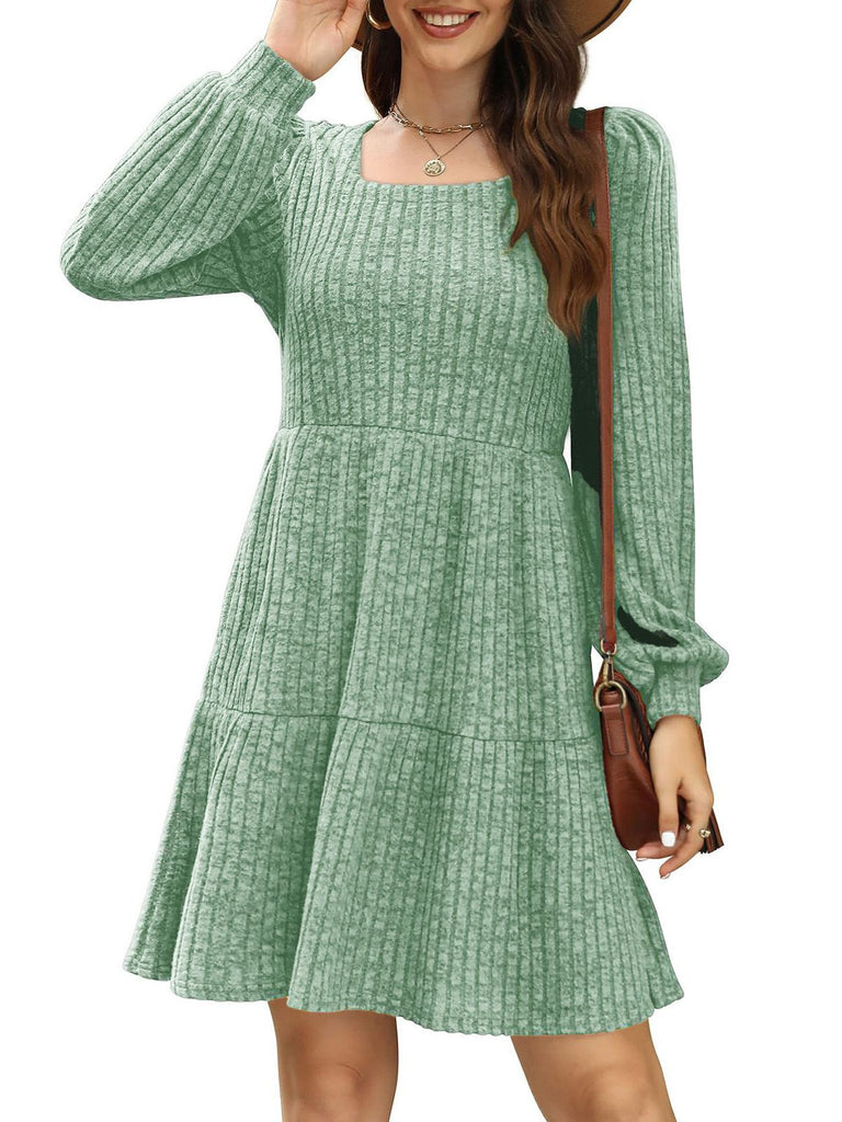 1950s Solid Ribbed Square Neck Long-Sleeve Dress