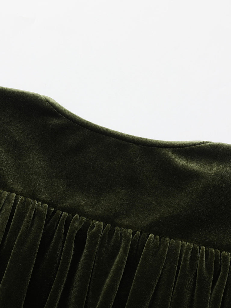 Green 1940s Velvet Deep-V Puff Sleeve Ruched Dress