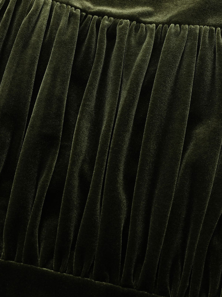 Green 1940s Velvet Deep-V Puff Sleeve Ruched Dress