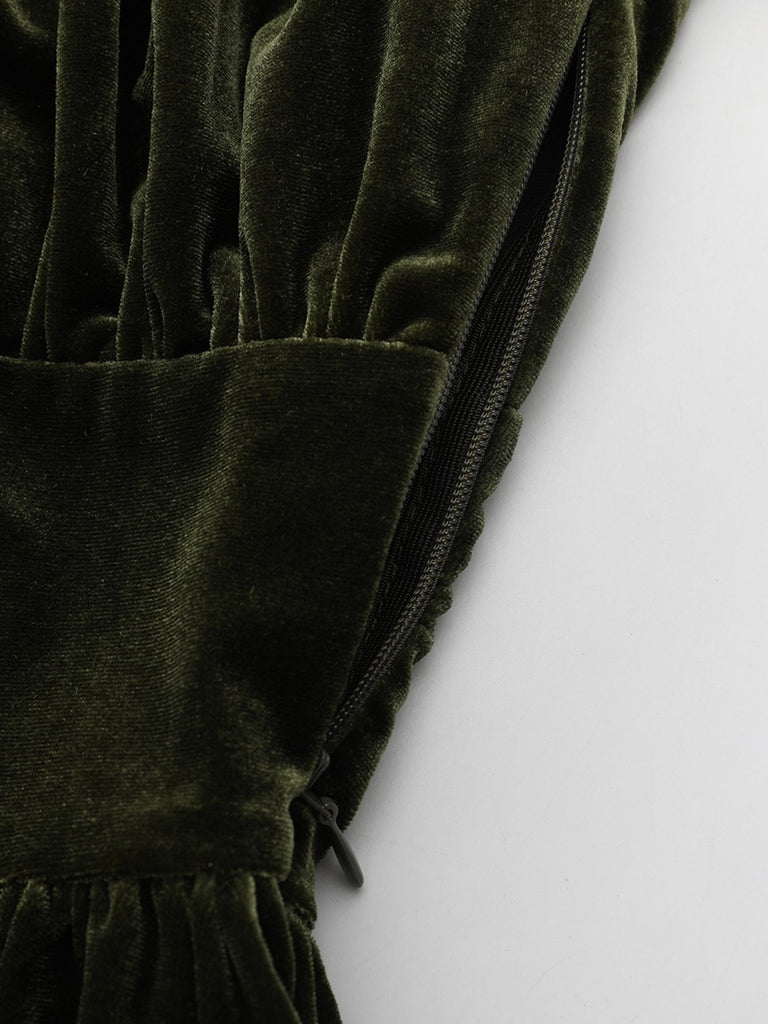Green 1940s Velvet Deep-V Puff Sleeve Ruched Dress