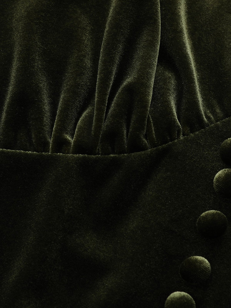 Green 1940s Velvet Deep-V Puff Sleeve Ruched Dress