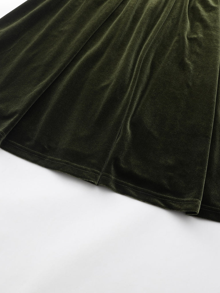 Green 1940s Velvet Deep-V Puff Sleeve Ruched Dress