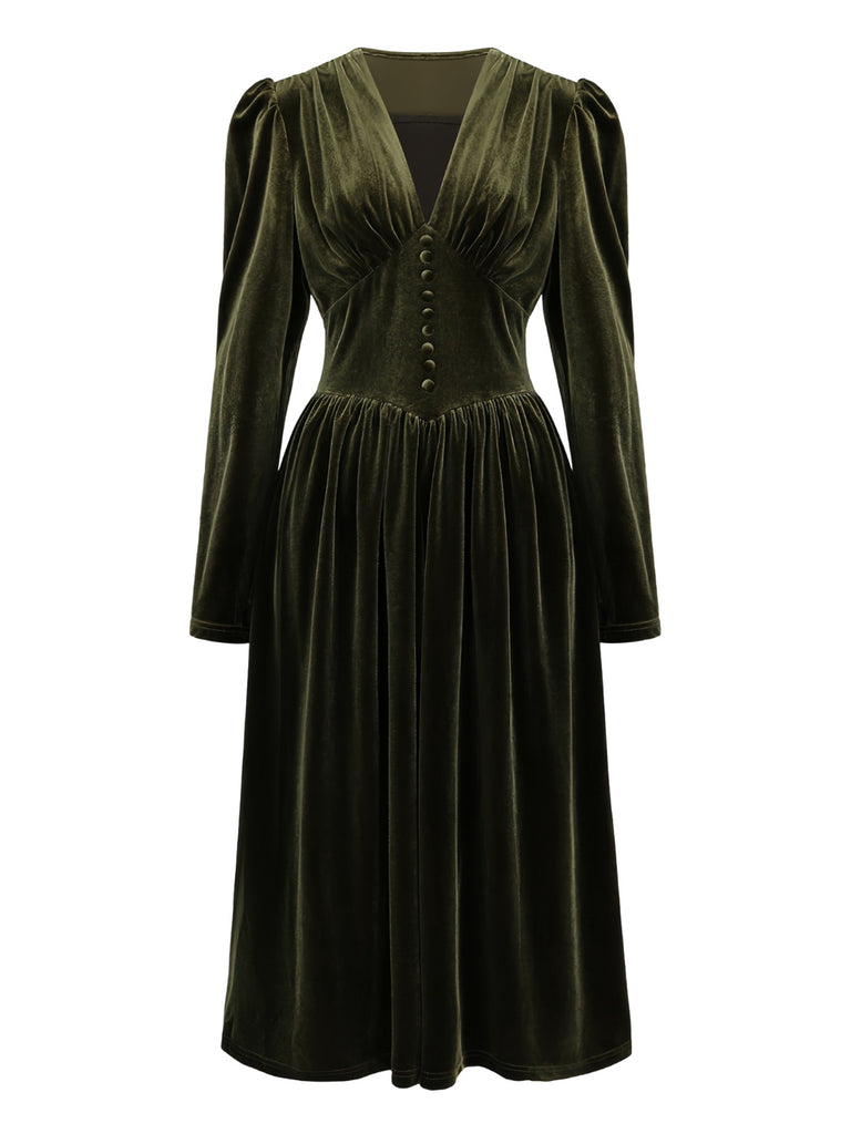 Green 1940s Velvet Deep-V Puff Sleeve Ruched Dress