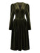 Green 1940s Velvet Deep-V Puff Sleeve Ruched Dress