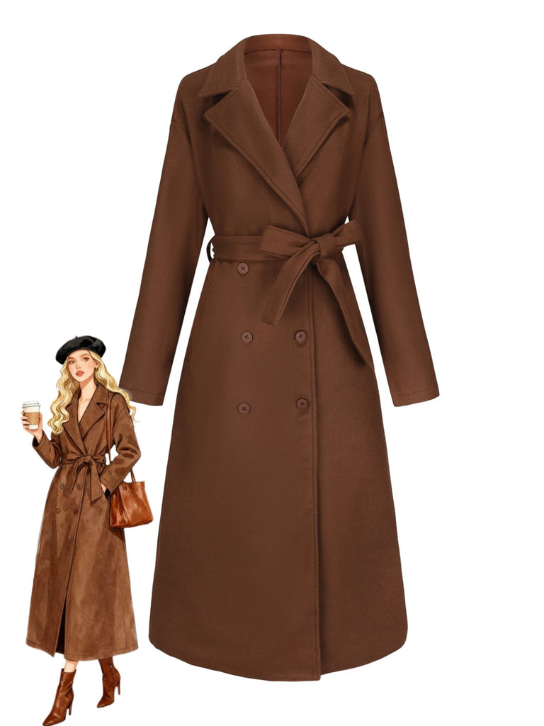 Brown 1930s Notched Collar Faux-Wool Long Coat